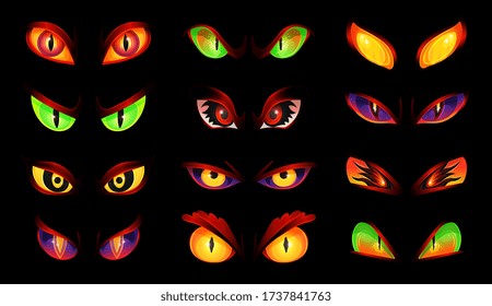 Set of colorful staring and glowing fantasy evil or animal eyes, realistic vector illustration isolated on black background. Spooky element of Halloween design.