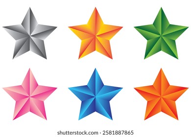 Set of colorful stars. 3d star, review icon, symbol. Feedback icon, vector collection. Stars rating, positive review. Realistic stars and customer positive review icon. Vector illustration. 