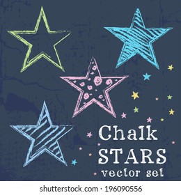 Set of colorful stars drawn like chalk drawing on grunge chalkboard background.