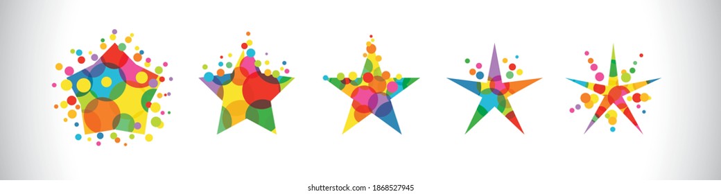 Set of colorful stars. Star shape collection.  Creative graphic, white background. Decorative bubbles, coloured texture, bright design. Discount badge, frame with empty center. Holiday vector sign.