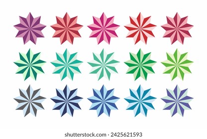 Set of colorful stars vector icon on white background. Multicolor nine-pointed stars collection. 