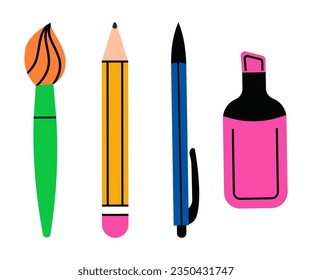 Set of colorful stationery tools in doodle style. Brush, pencil, pen and marker. Vector flat illustration. School supplies.