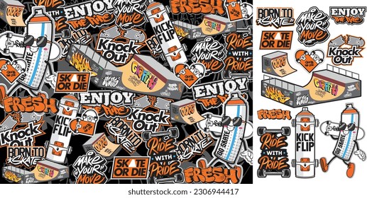 A set of colorful sticker art designs of skateboard illustrations in graffiti style. Graffiti sticker design artwork 