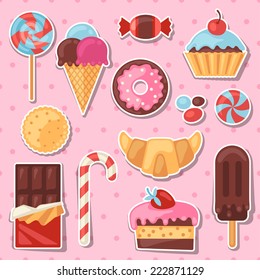 Set of colorful sticker candy, sweets and cakes.