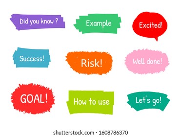 set of colorful sticker with short message, hand drawn set of doodle bubble speech for chat symbol, tag or label