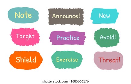 set of colorful sticker with short message, hand drawn set of doodle bubble speech for chat symbol, tag or label