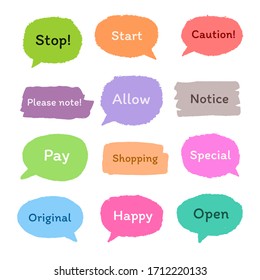 set of colorful sticker with short message, hand drawn set of cute doodle speech bubble for chat symbol, tag, label or dialog word