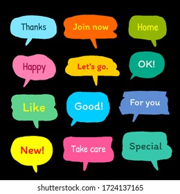 set of colorful sticker with short message, hand drawn set of doodle speech bubble for chat symbol, tag, label or dialog word