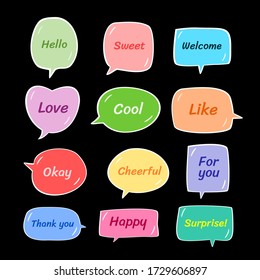 set of colorful sticker with short message, hand drawn set of doodle speech bubble for chat symbol, dialog word, tag or label