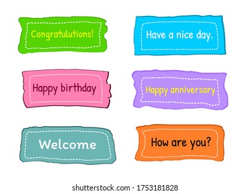 set of colorful sticker with short message, hand drawn set of cute doodle speech bubble for chat symbol, tag, label or dialog word