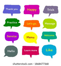 set of colorful sticker with short message, hand drawn set of cute doodle speech bubble for chat symbol, tag, label or dialog word