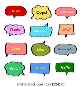 set of colorful sticker with short message in flat design, hand drawn set of cute doodle speech bubble for chat symbol, tag, label or dialog word