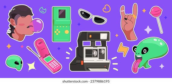 Set of colorful stickers in 90s style. Items set from the era of the 90s and 00s. Vector illustration.