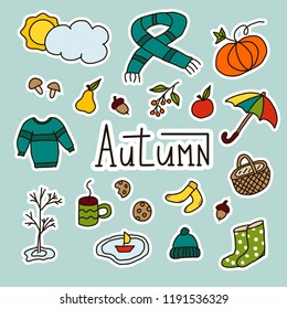 Set of colorful stickers about autumn with pumpkin, hat, sweater, scarf, umbrella, boots, coffee, basket, mushrooms, pear, apple cookies, acorns, rowan, tree, boat and letterin. Vector illustration.