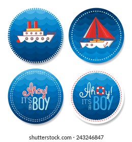 Set of colorful stickers for boy's birthday in marine style svg