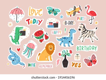 Set of colorful stickers with cute and funny animals and lettering. Hand-drawn characters and handwritten words for notebook, scrapbook or planner. Colored flat graphic vector isolated illustrations