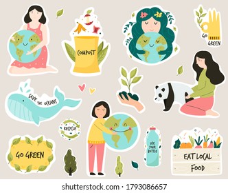 Set of colorful stickers with eco friendly slogans and illustrations. Composting, Trees planting, Eating local food, Bring your own bag concepts. Vector illustration