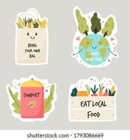 Set of colorful stickers with eco friendly slogans and illustrations. Composting, Trees planting, Eating local food, Bring your own bag concepts. Vector illustration