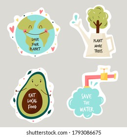 Set of colorful stickers with eco friendly slogans and illustrations. Earth protection, Trees planting, Eating local food, Saving water. Vector illustration