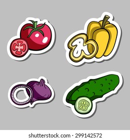 Set of colorful stickers with hand drawn vegetables with slices. Vector illustration