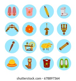Set of colorful stickers of handmade. Vector illustration of felted goods in circle.
