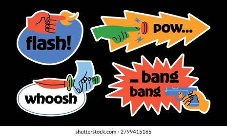 A set of colorful stickers with illustrations and captions in cartoon comic style. Human hands with various gestures. Hands holding weapons, pulling the trigger of a pistol, holding a sword, lighting a fire, and pressing a button with an electric charge. A printable collection of isolated vector designs.