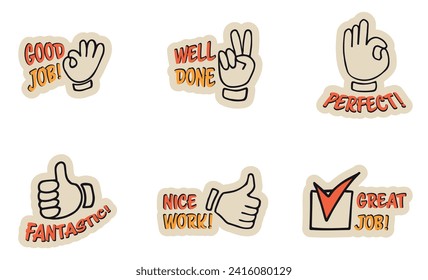 Set of colorful stickers with inspirational and motivational, positive slogans, phrases, compliments, lettering quotes. Hand drawn vector doodles in flat style, sketch style.