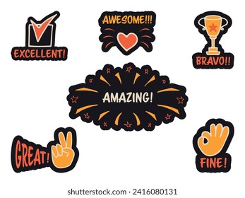 Set of colorful stickers with inspirational and motivational, positive slogans, phrases, compliments, lettering quotes. Hand drawn vector doodles in flat style, sketch style.