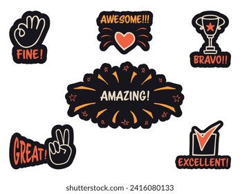 Set of colorful stickers with inspirational and motivational, positive slogans, phrases, compliments, lettering quotes. Hand drawn vector doodles in flat style, sketch style.