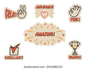 Set of colorful stickers with inspirational and motivational, positive slogans, phrases, compliments, lettering quotes. Hand drawn vector doodles in flat style, sketch style.