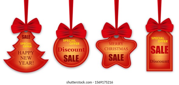 Set colorful stickers, labels for holiday sales Christmas and New Year hanging on ribbons with red bows isolated on white background. Shape of circle, Christmas tree, rectangle and star. Vector