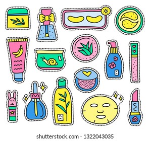 Set of colorful stickers or patches with asian cosmetics isolated on white background.