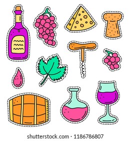 Set of colorful stickers or patches with wine icons isolated on white background.