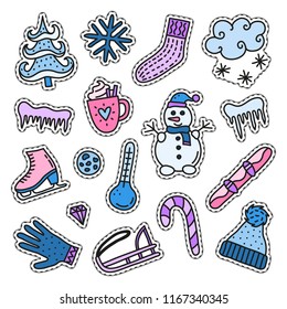 Set of colorful stickers or patches with winter icons isolated on white background.