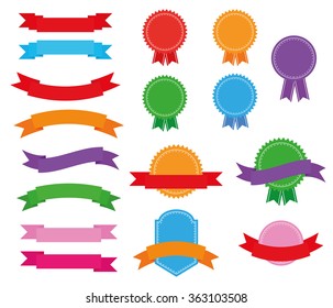 Set of colorful stickers of ribbons and badges. Vector, isolated objects on a white background