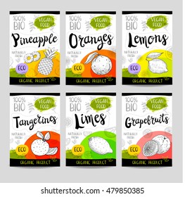 Set of colorful stickers in sketch style, food, white background. Pineapple, orange, lemons, tangerines, limes, grapefruits. Fruit, vegan, naturally, fresh, eco. Hand drawn vector illustration.