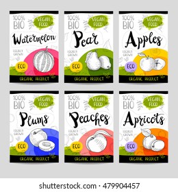 Set of colorful stickers in sketch style, food, spices, white background. Watermelon, pear, apples, plums, peaches, apricots. Organic, fresh, bio, eco. Hand drawn vector illustration.