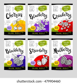 Set of colorful stickers in sketch style, food, spices, white background. Cherries, strawberry, blueberry, cranberry, blackberry, mulberry. Organic, fresh, bio, eco. Hand drawn vector illustration.