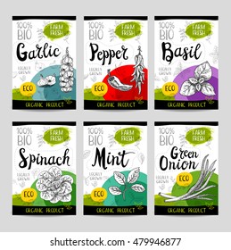 Set of colorful stickers in sketch style, food and spices, white background. Garlic, pepper, basil, spinach, mint, green onion. Vegetables, farm fresh. locally grown. Hand drawn vector illustration.