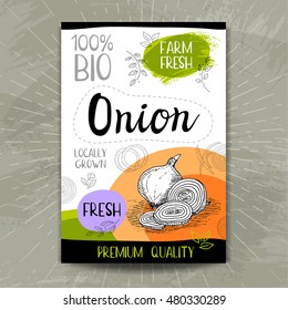 Set of colorful stickers in sketch style, food and spices, white background. Onions. Bio vegetables, farm, fresh. locally grown. Hand drawn vector illustration.