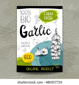 Set of colorful stickers in sketch style, food and spices, white background. Garlic. Vegetables, farm fresh. locally grown. Hand drawn vector illustration.