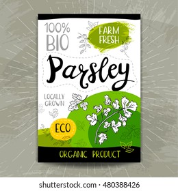 Set of colorful stickers in sketch style, food, spices, white background. Parsley. Vegetables, farm fresh, locally grown. Hand drawn vector illustration.