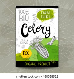 Set of colorful stickers in sketch style, food and spices, white background. Celery. Vegetables, farm fresh. locally grown. Hand drawn vector illustration.