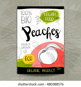 Set of colorful stickers in sketch style, food, spices, white background. Peaches. Organic, fresh, bio, eco. Hand drawn vector illustration.