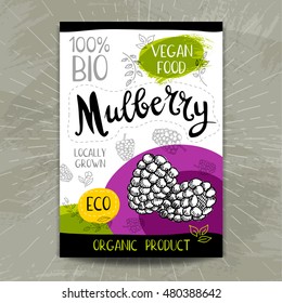 Set of colorful stickers in sketch style, food, spices, white background. Mulberry. Organic, fresh, bio, eco. Hand drawn vector illustration.