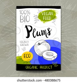 Set of colorful stickers in sketch style, food, spices, white background. Plums. Organic, fresh, bio, eco. Hand drawn vector illustration.