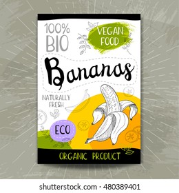 Set of colorful stickers in sketch style, food, spices, white background. Bananas. Fruit, vegan, naturally, fresh, eco. Hand drawn vector illustration.