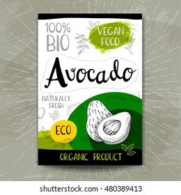 Set of colorful stickers in sketch style, food, spices, white background. Avocado. Fruit, vegan, naturally, fresh, eco. Hand drawn vector illustration.