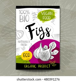 Set of colorful stickers in sketch style, food, spices, white background. Figs. Fruit, vegan, naturally, fresh, eco. Hand drawn vector illustration.