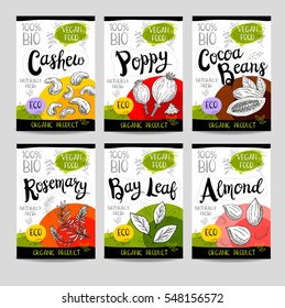 Set of colorful stickers, sketch style, food, spices, white background. Cashew, poppy, cocoa beans, almond, bay leaf, rosemary. Vegetables, farm fresh, locally grown. Hand drawn vector illustration.